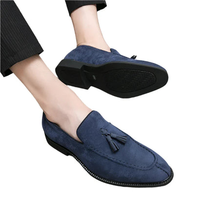 Men Suede Leather Loafers | Vintage Tassel Slip-On Blue