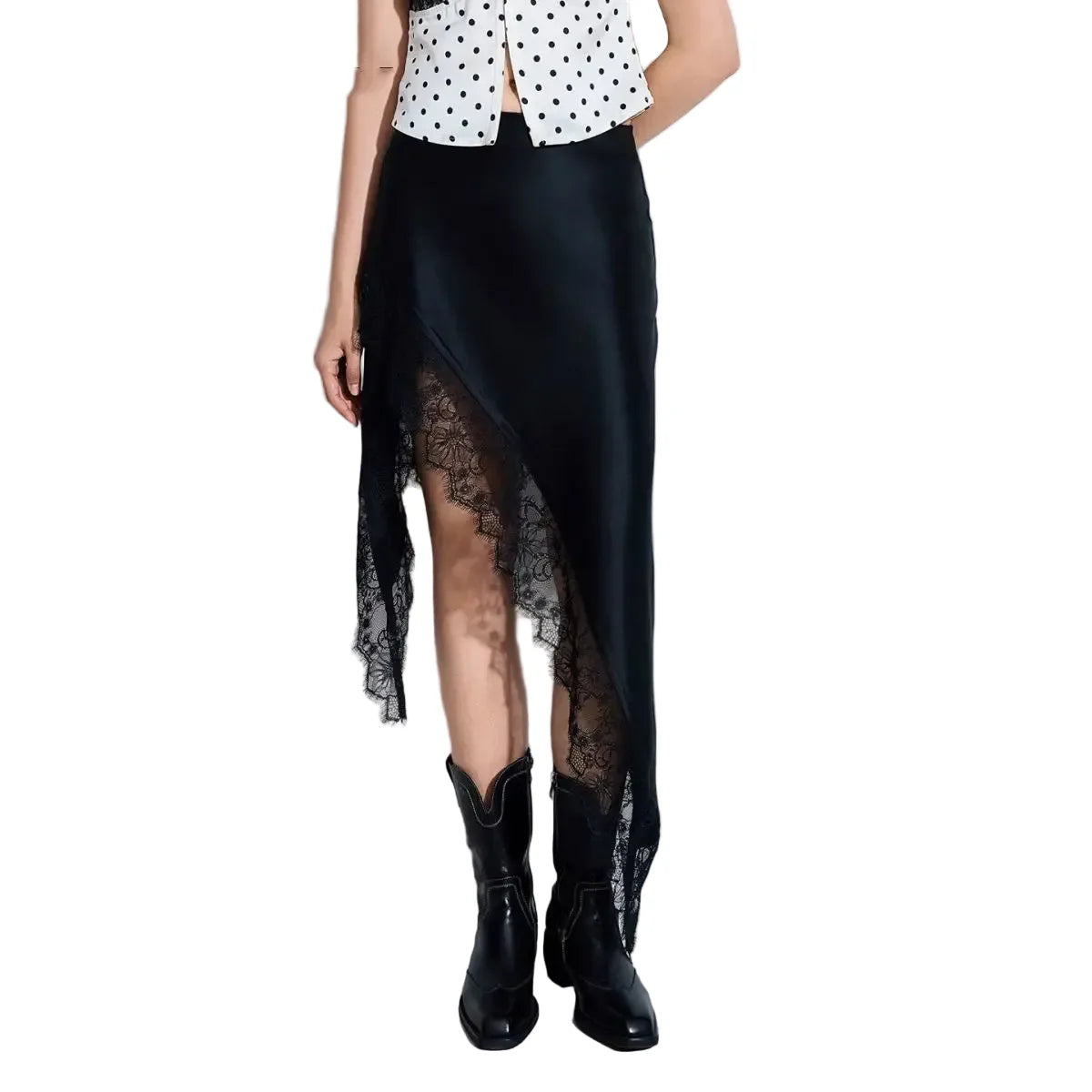 Women Black Satin Midi Skirt | Lace Patchwork | Asymmetrical Skirt | High Waist | Slit