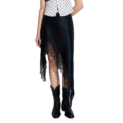 Women Black Satin Midi Skirt | Lace Patchwork | Asymmetrical Skirt | High Waist | Slit