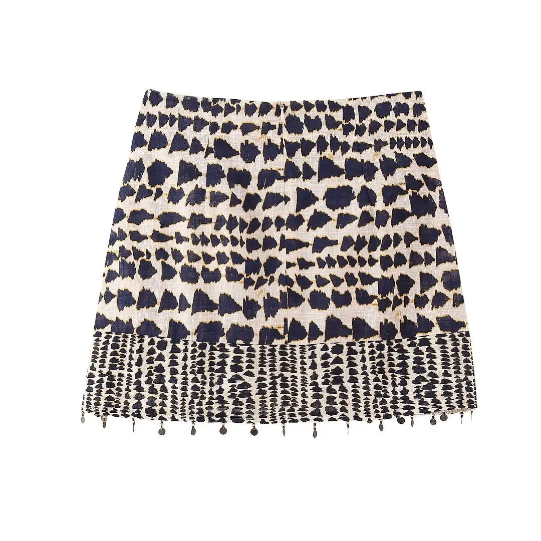 Women Vintage Geometric Print Knotted Mini Sarong Skirt | Beading Tassel