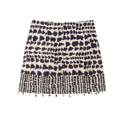 Women Vintage Geometric Print Knotted Mini Sarong Skirt | Beading Tassel