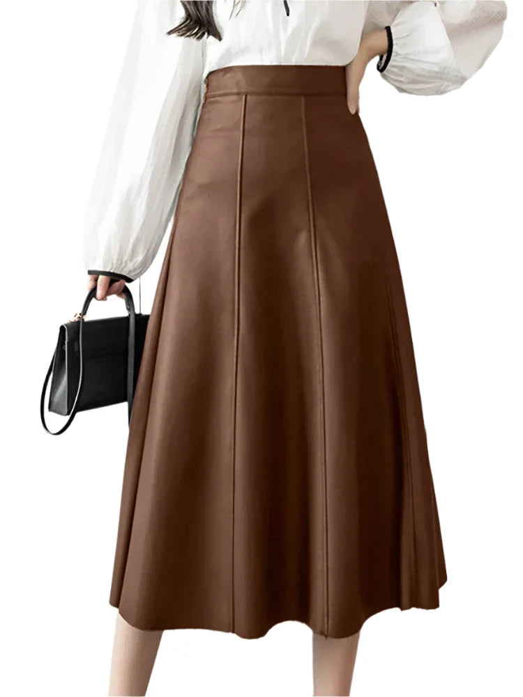 Women Brown Long Leather Skirt | High Waisted Office Midi Skirt | Party Skirt Bottom Brown