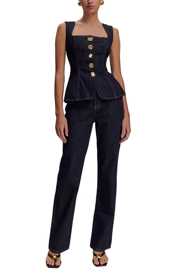 Women Summer Denim High Waist Button Down Top | Vest | Denim Pants | Set XL Set