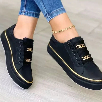 Maxine | Women's Black Platform Sneakers with Gold Chain Detail