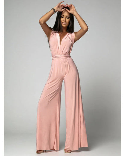 Blush | Women's Wide Leg Jumpsuit Deep V-Neck Wrap Tie Occasion