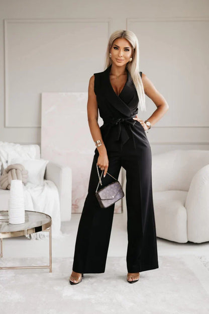 Eloise | Women's Sleeveless Wide Leg Jumpsuit Wrap V-Neck Belted