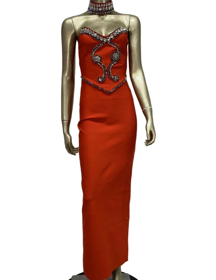 TANIA Strapless Mini Crystals Choker Maxi Bandage Dress RED