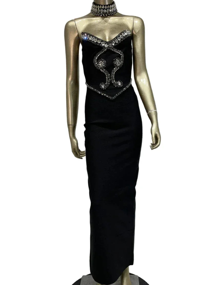 TANIA Strapless Mini Crystals Choker Maxi Bandage Dress BLACK