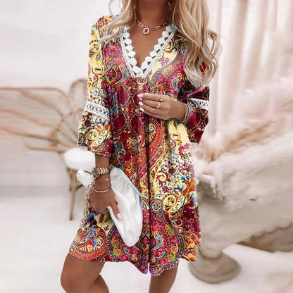 Penelope | Women's Boho Loose Fit Printed Mini Dress Evening