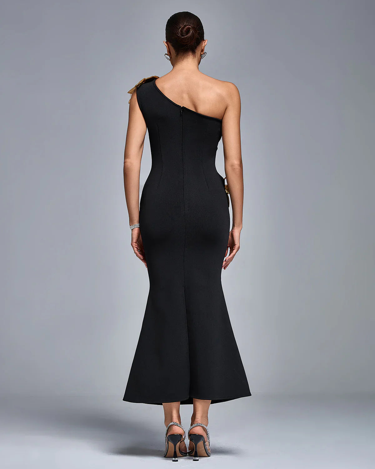 UGIENE One Shoulder Gold Flower Cut Out Bandage Dress
