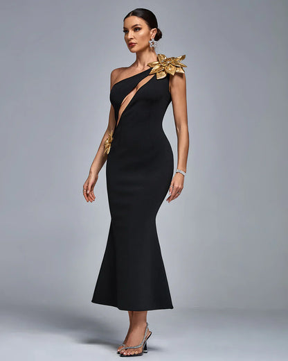 UGIENE One Shoulder Gold Flower Cut Out Bandage Dress