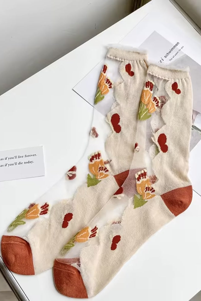 Sheer Sunflower Jacquard Crew Socks