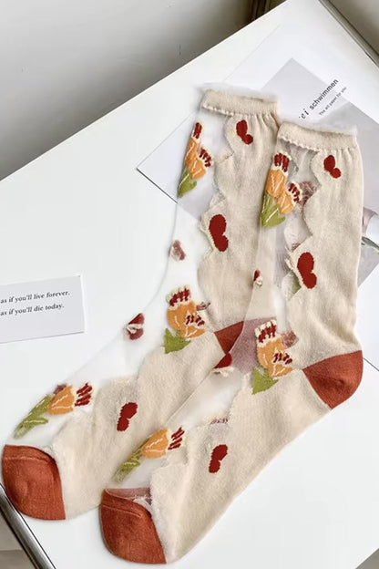 Sheer Sunflower Jacquard Crew Socks