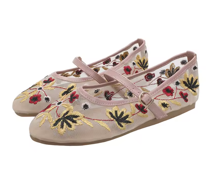 Women Flower Embroidered Mesh Ballet Flats | Mary Jane Shoes | Ballerina Flats | Ballet Pumps Apricot