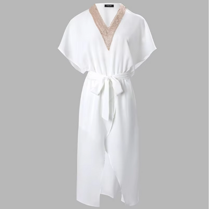 Lyra | Women's White Midi Dress V-Neck Gold Trim Short Sleeve
