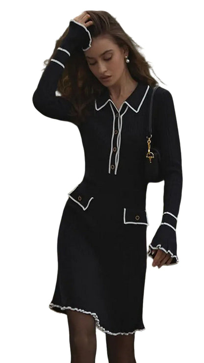 Women Ribbed Knitted Dress | Women Ruffle Knitted Midi Dress | Long Sleeve Slim Dress Black