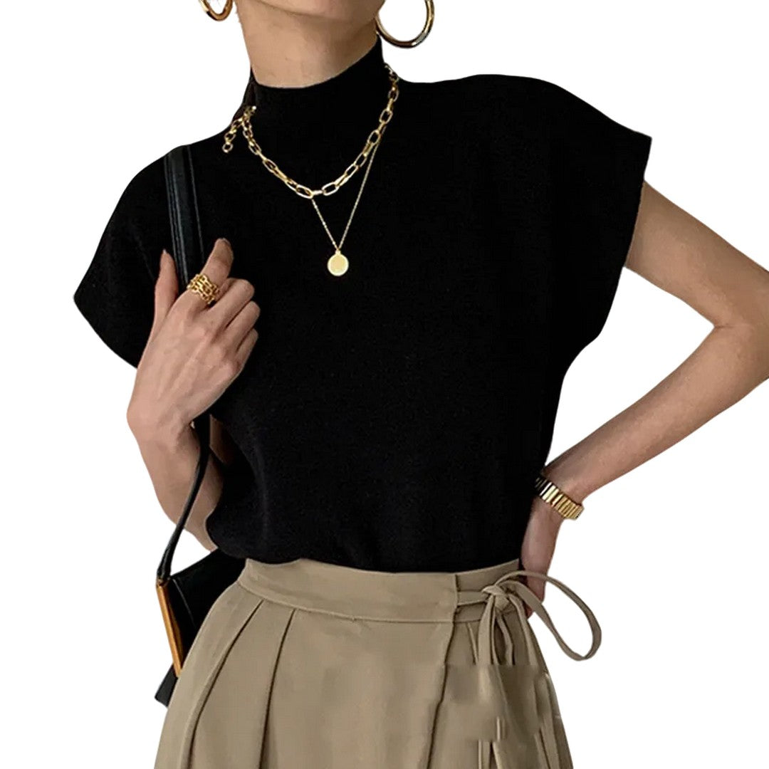 Women Office Blouse | Short Sleeves High Neck | Knitted Vest Top Black One Size