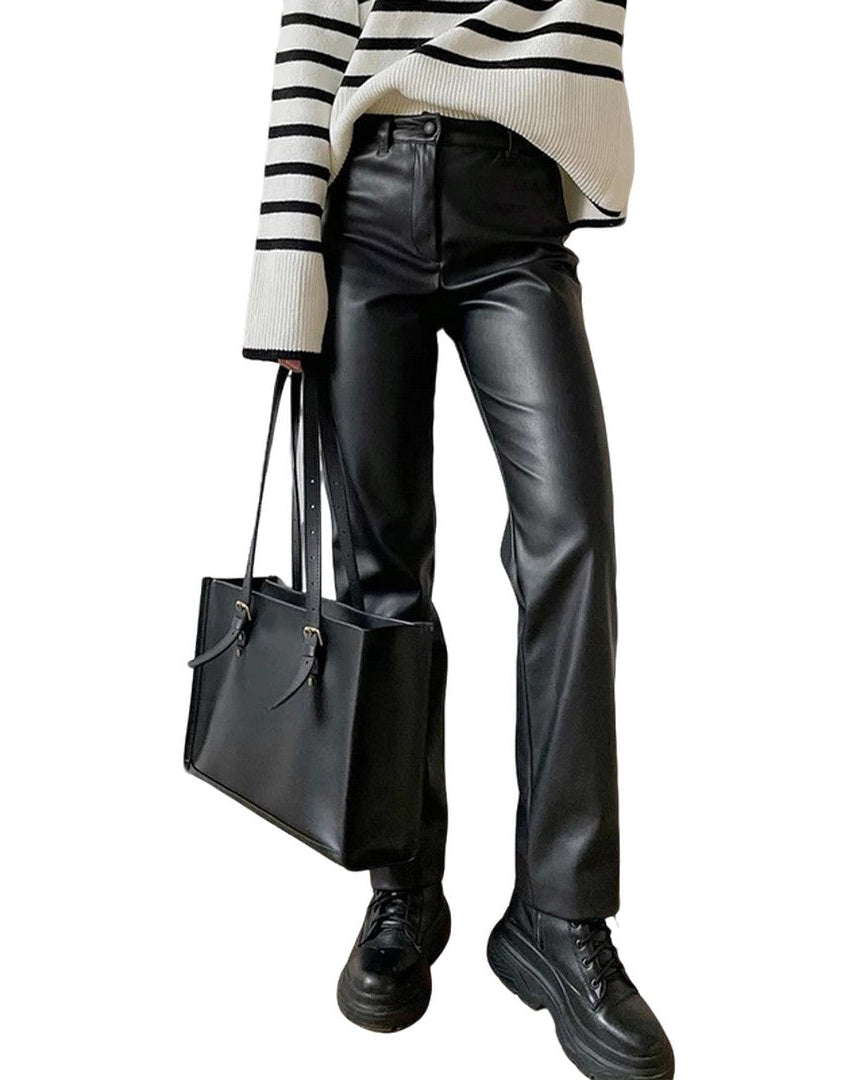 Women High Waisted Leather Pants | Slim Zipper Pencil Winter Leather Trouser Black