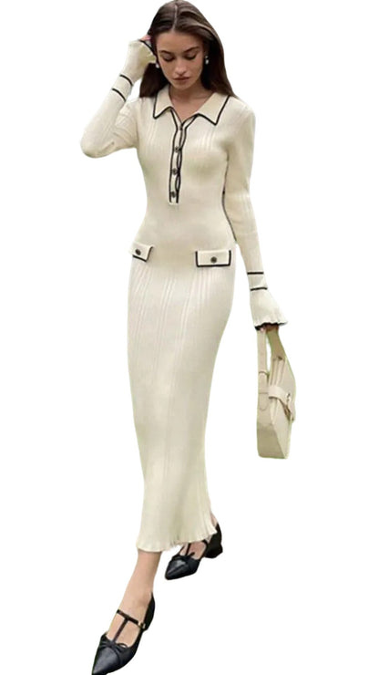 Women Ribbed Knitted Dress | Women Ruffle Knitted Maxi Dress | Long Sleeve Slim Dress
