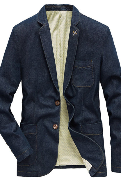 Men's Lapel Collar Long Sleeve Denim Blazer