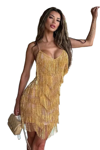 VANTA Beaded Fringe Mini Dress Gold