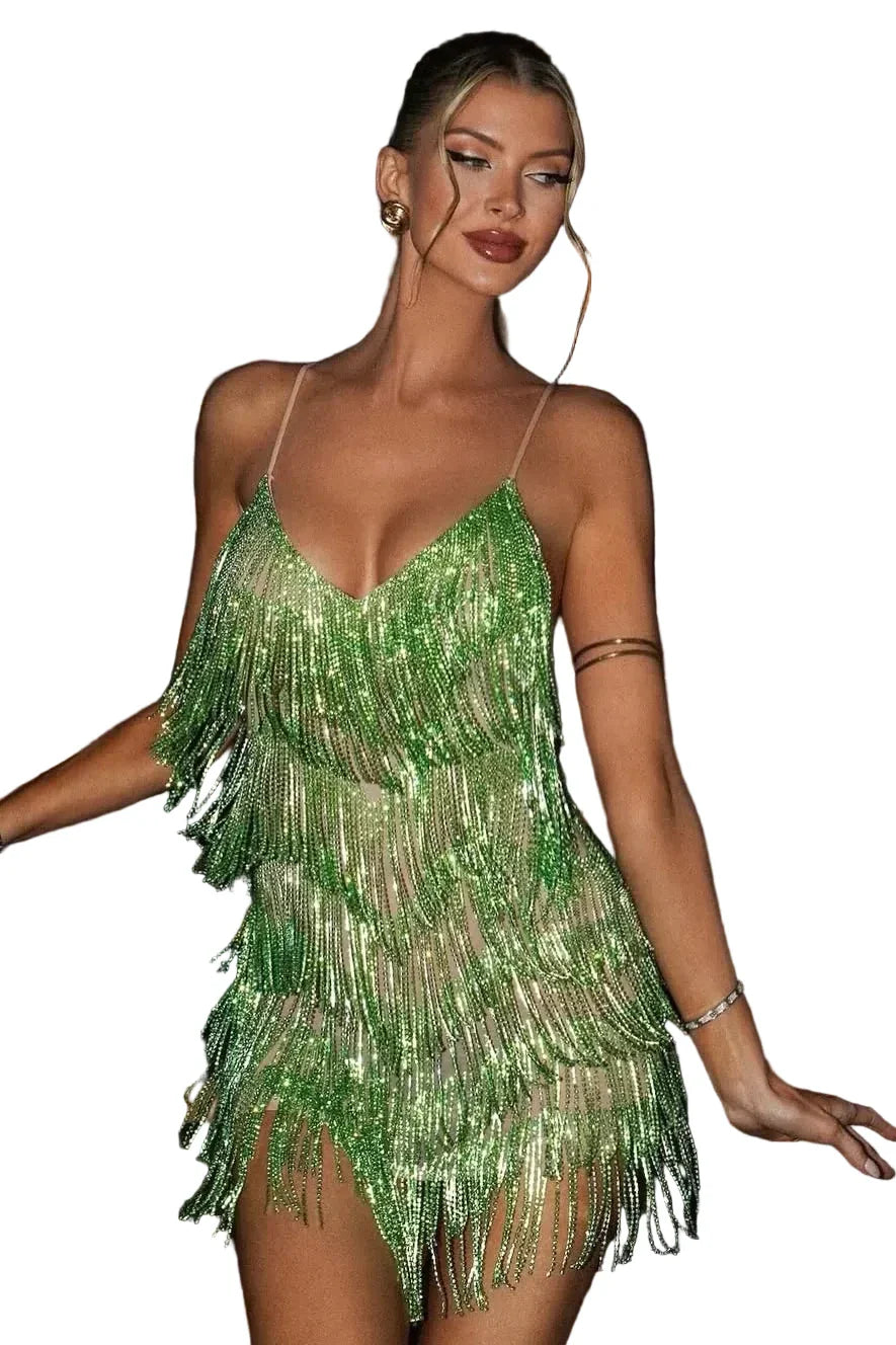 VANTA Beaded Fringe Mini Dress Green