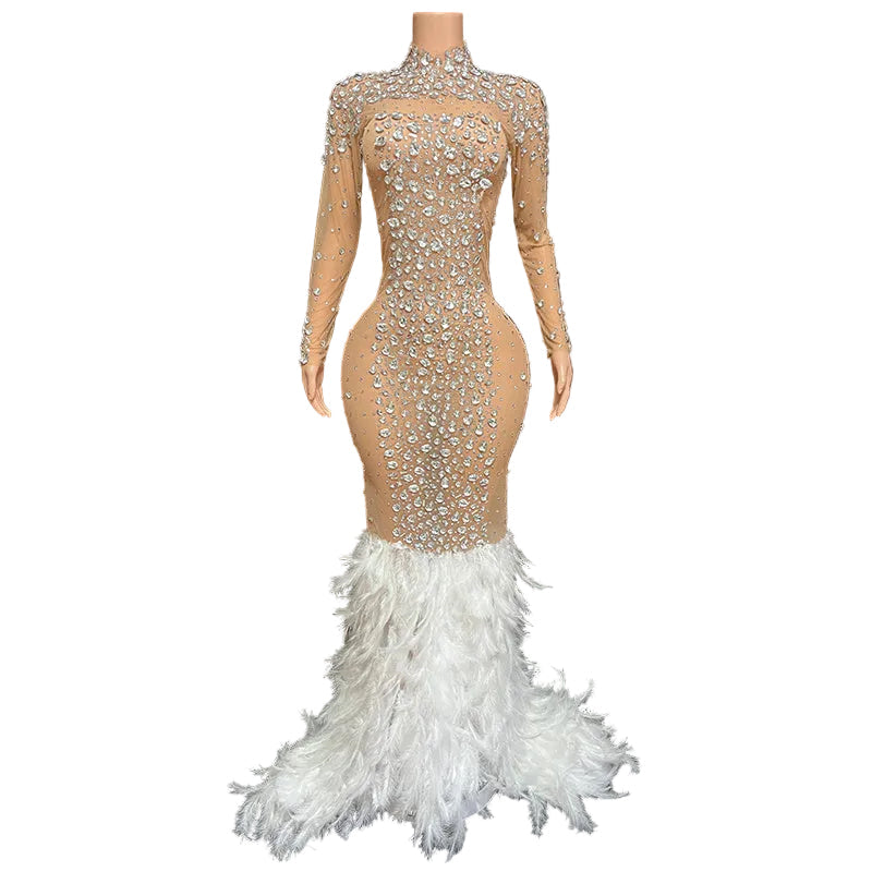VELINE Crystal Illusion Feather Mermaid Gown