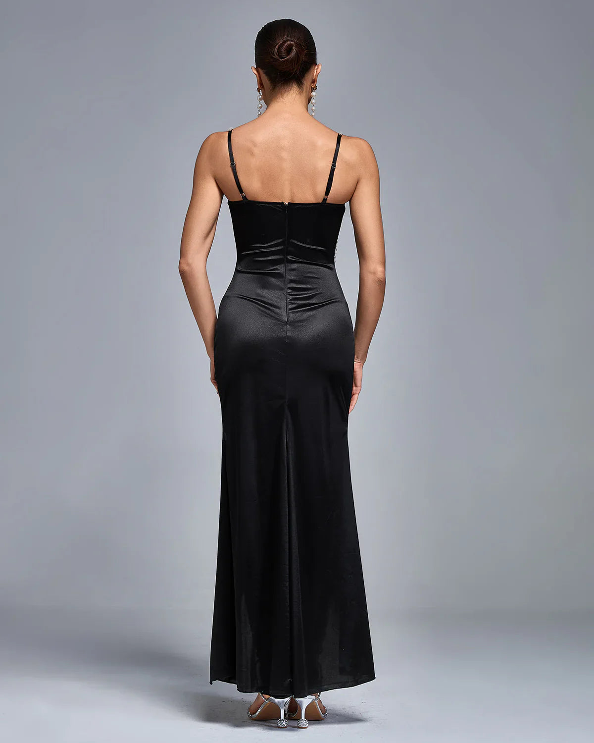 VIALIN Pearl Strap High Slit Ruched Satin Dress