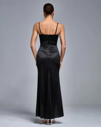 VIALIN Pearl Strap High Slit Ruched Satin Dress