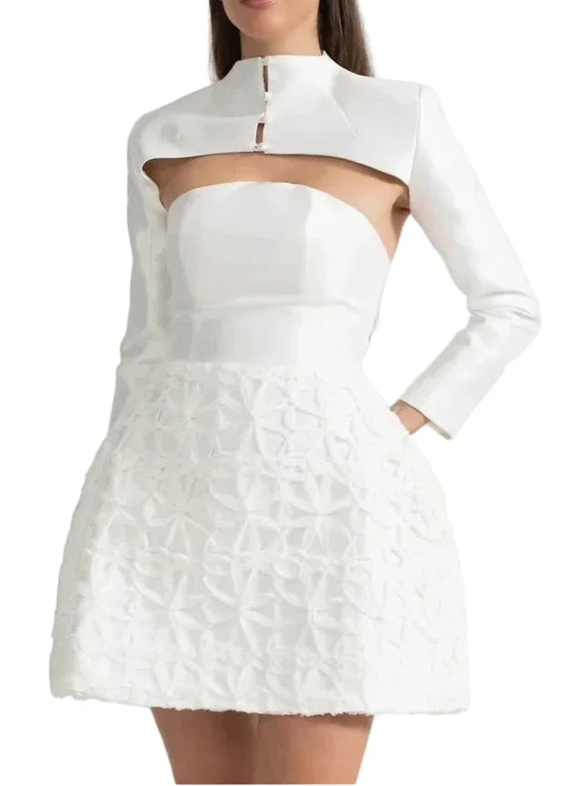 VICENZA TEXTURED DETACHABLE SCULPTURAL SHOULDER BOLERO MINI DRESS