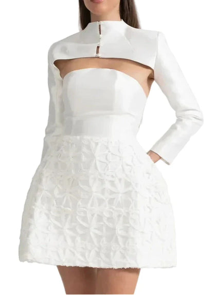 VICENZA TEXTURED DETACHABLE SCULPTURAL SHOULDER BOLERO MINI DRESS