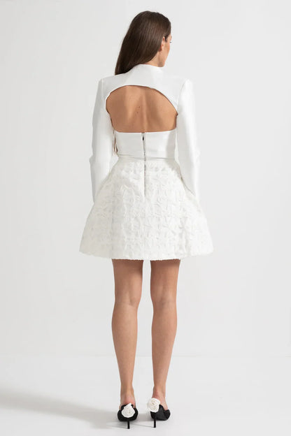 VICENZA TEXTURED DETACHABLE SCULPTURAL SHOULDER BOLERO MINI DRESS