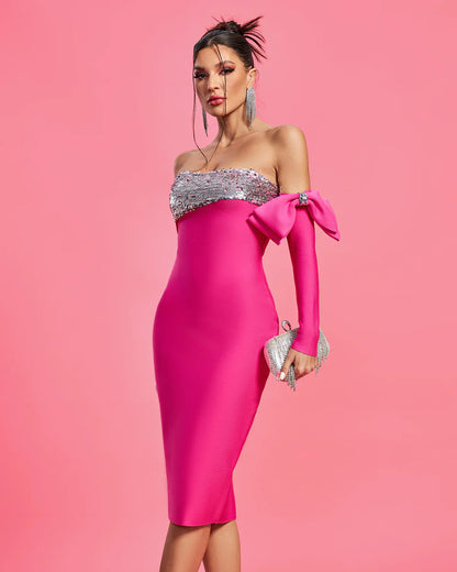 VIVEKA Strapless Sequins Elegant Bow Bandage Dress