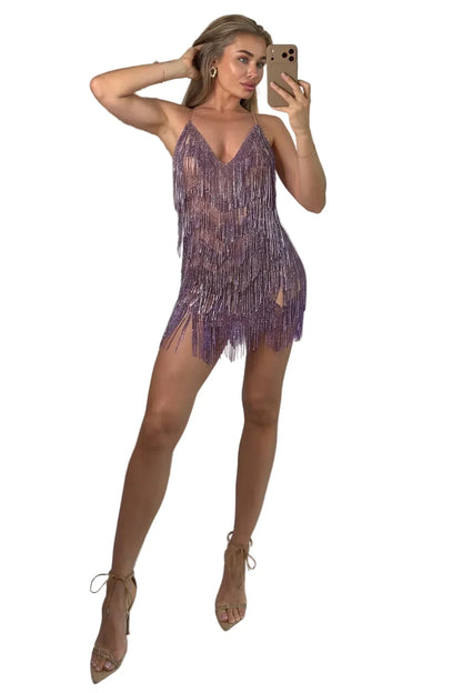 VANTA Beaded Fringe Mini Dress Purple