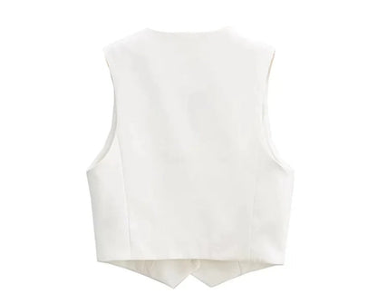 Women Front Button Cropped Waistcoat | Vintage V Neck Sleeveless Chic Top