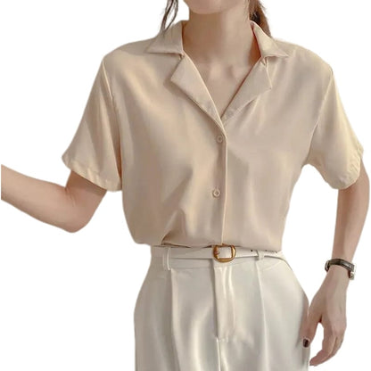 Women Short Sleeves Button Up Blouse | Solid V-Neck Chic Shirt Beige