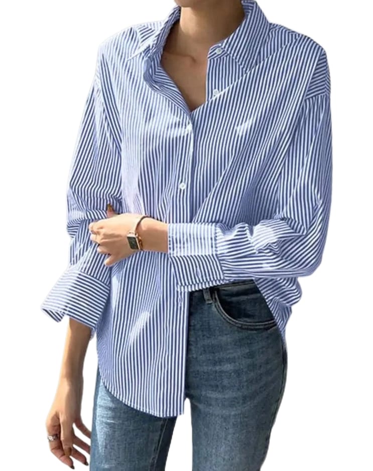 Women Striped Long Sleeve Loose Oversized Blouse | Vintage Button-Up Top