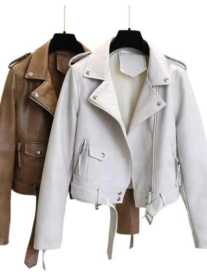 Women Biker Leather Jacket with Belt White