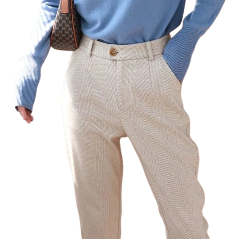 Women High Waisted Woolen Pants | Casual Wool Blend Trousers | Office Pencil Pantalones Off White