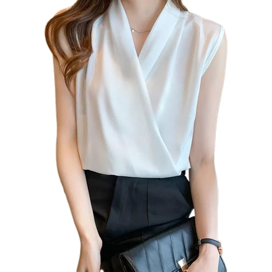 Women’s Satin Sleeveless Blouse | Solid Color Office Shirt White