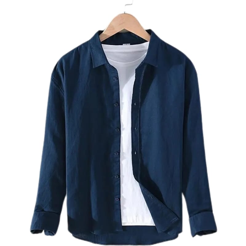 Men Linen Shirt | Long Sleeves Button Down Top | Stand Collar Plain Color Shirt Navy