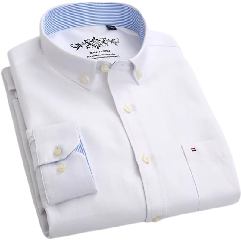 Plain Oxford Long-Sleeve Shirt Men | Office Shirt | Slim Fit Single Pocket Shirt White