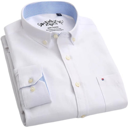 Plain Oxford Long-Sleeve Shirt Men | Office Shirt | Slim Fit Single Pocket Shirt White