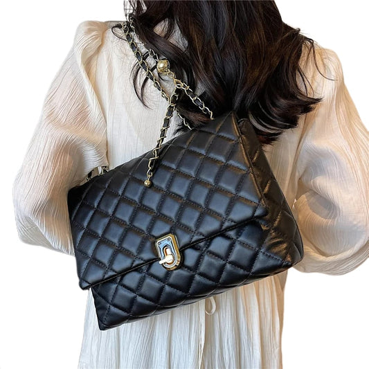 Women Quilted Leather Bag | Classic Flap Crossbody Bag Black