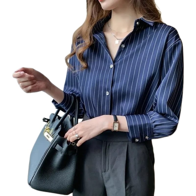 Women Classic Long Sleeve Blouse | Striped Loose Top | Classic Office Shirt Blue