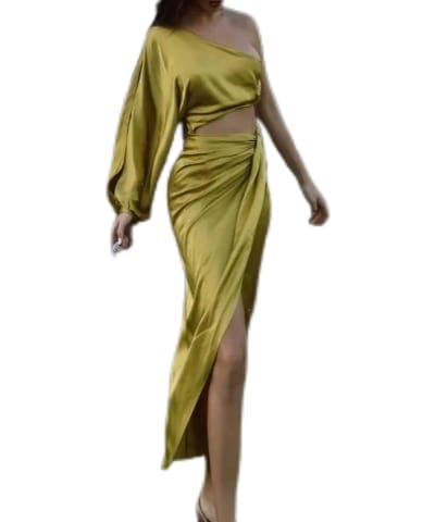 Women Asymmetric Satin Cut Out Long Dress | Ruched Off Shoulder Dress | Evening Party Dress