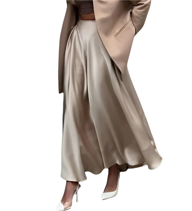 Women Satin High Waisted Long A-line Drape Skirt | Elegant French Tutu Skirt Khaki