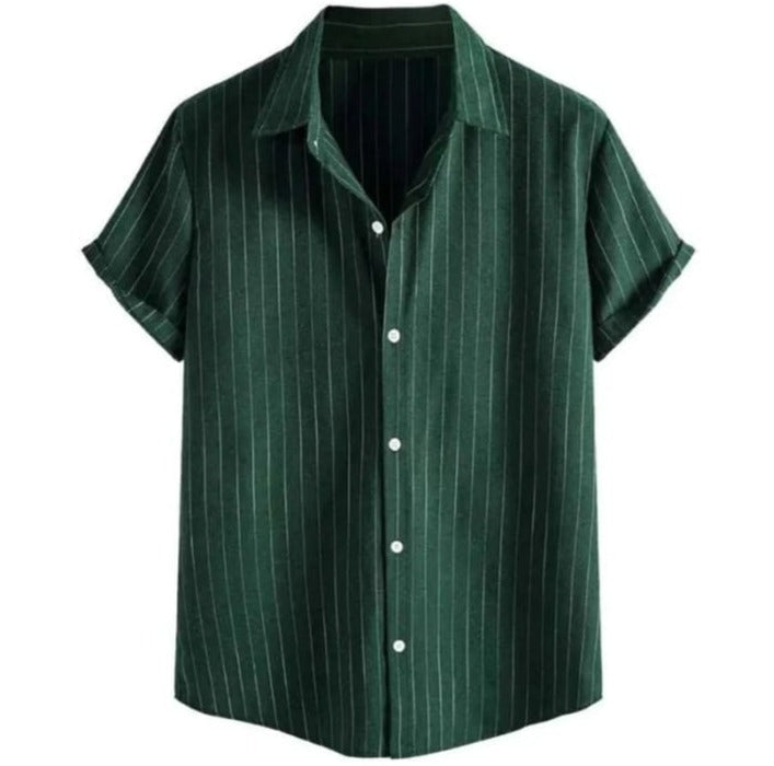 Men's Striped Cotton Shirt | Short Sleeves Button Down Shirt Green