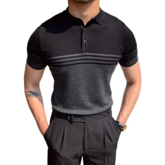 Men’s Striped Cotton Polo Shirts | Casual Short Sleeve Pullover Black