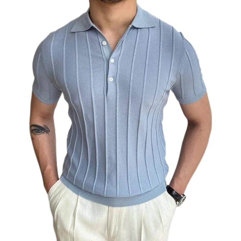 Classic Men’s Pleated Polo Cotton Shirt | Casual Short Sleeve Pullover Blue